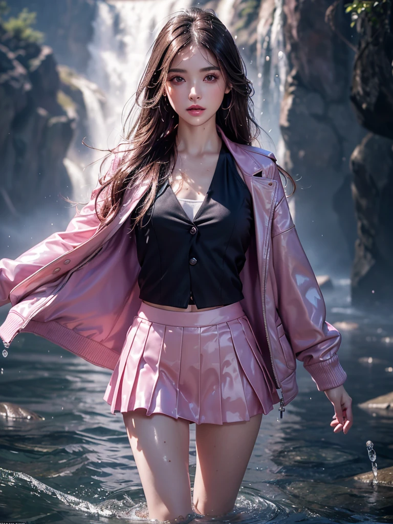 8k, masterpiece, 1 girl, beautiful face, ((very long hair)), glossy makeup, closed mouth, (glossy skin:1.5), detailed eyes, detailed lips, small bust, pink short jacket, lavender vest, ((pink mini skirt)), ((under pants)), ((bare thigh)), straps clothing, (water falling:1.5), steam effect, water vapor, adult pose,