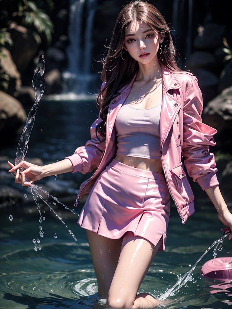 8k, masterpiece, 1 girl, beautiful face, ((very long hair)), glossy makeup, closed mouth, (glossy skin:1.5), detailed eyes, detailed lips, small bust, pink short jacket, lavender vest, ((pink mini skirt)), ((under pants)), ((bare thigh)), straps clothing, (water falling:1.5), steam effect, water vapor, adult pose,