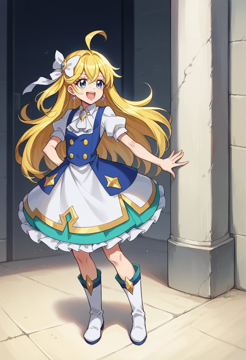 masterpiece, Highest quality, Looking_in_Audience, depth_of_Field, smile, full_body, Open_mouth,
1人of, Cure Prism, ピンクof髪, Long Hair, Side braid, White Ascot, White boots, Elbow hand pockets, Hair Ribbon, Earrings, Layered skirt, Hart Ahoge,
Slope_background,