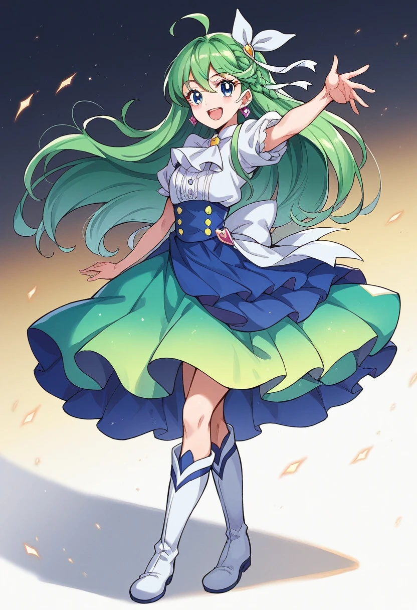 masterpiece, Highest quality, Looking_in_Audience, depth_of_Field, smile, full_body, Open_mouth, 
1人of, Cure Prism, ピンクof髪, Long Hair, Side braid, White Ascot, White boots, Elbow hand pockets, Hair Ribbon, Earrings, Layered skirt, Hart Ahoge, 
Slope_background,