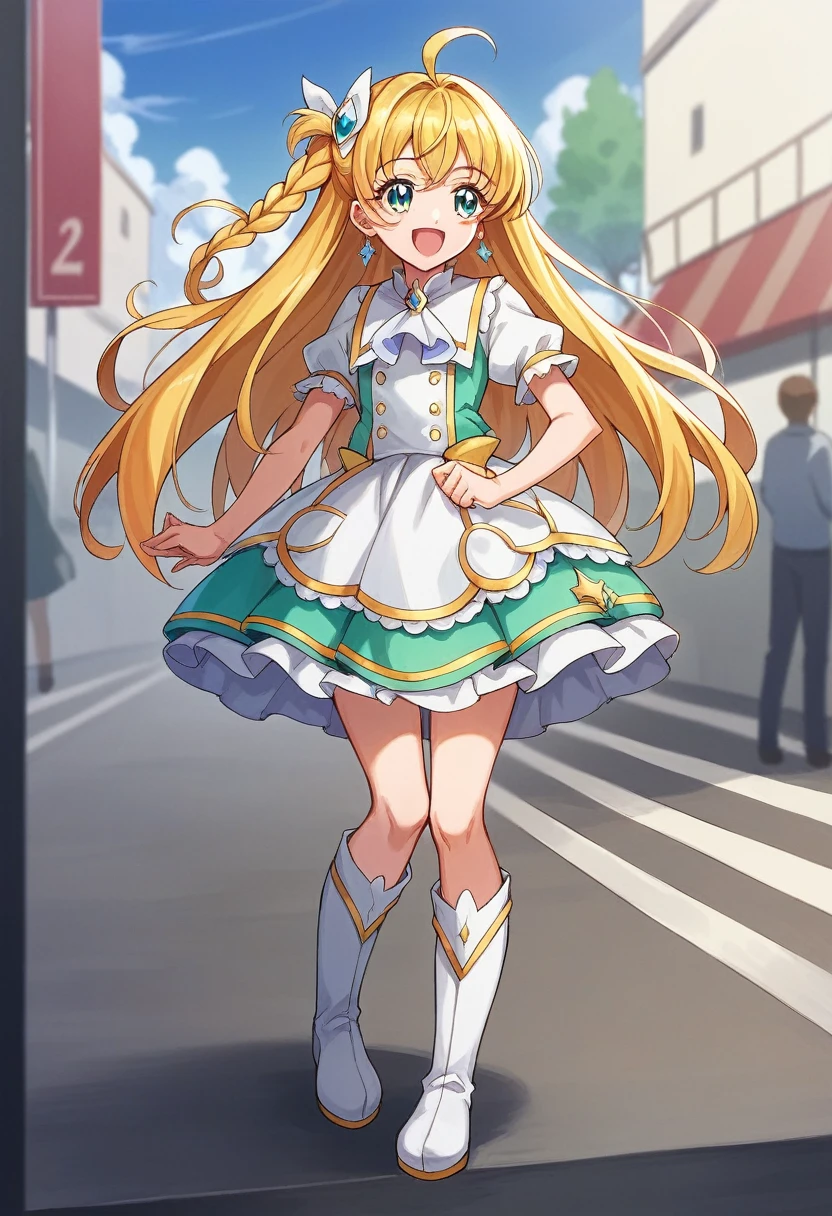 masterpiece, Highest quality, Looking_in_Audience, depth_of_Field, smile, full_body, Open_mouth,
1人of, Cure Prism, ピンクof髪, Long Hair, Side braid, White Ascot, White boots, Elbow hand pockets, Hair Ribbon, Earrings, Layered skirt, Hart Ahoge,
Slope_background,