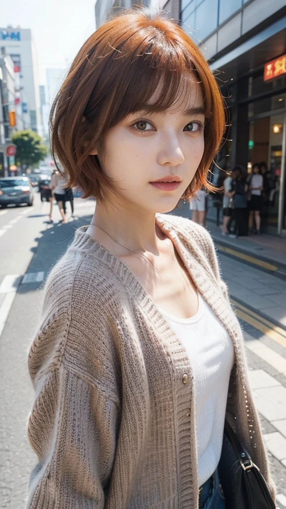 Model actress、One Woman、cool、Japanese and half European、30 generation beauty、Realistic Skin、short hair、Bright orange hair colour、Future City