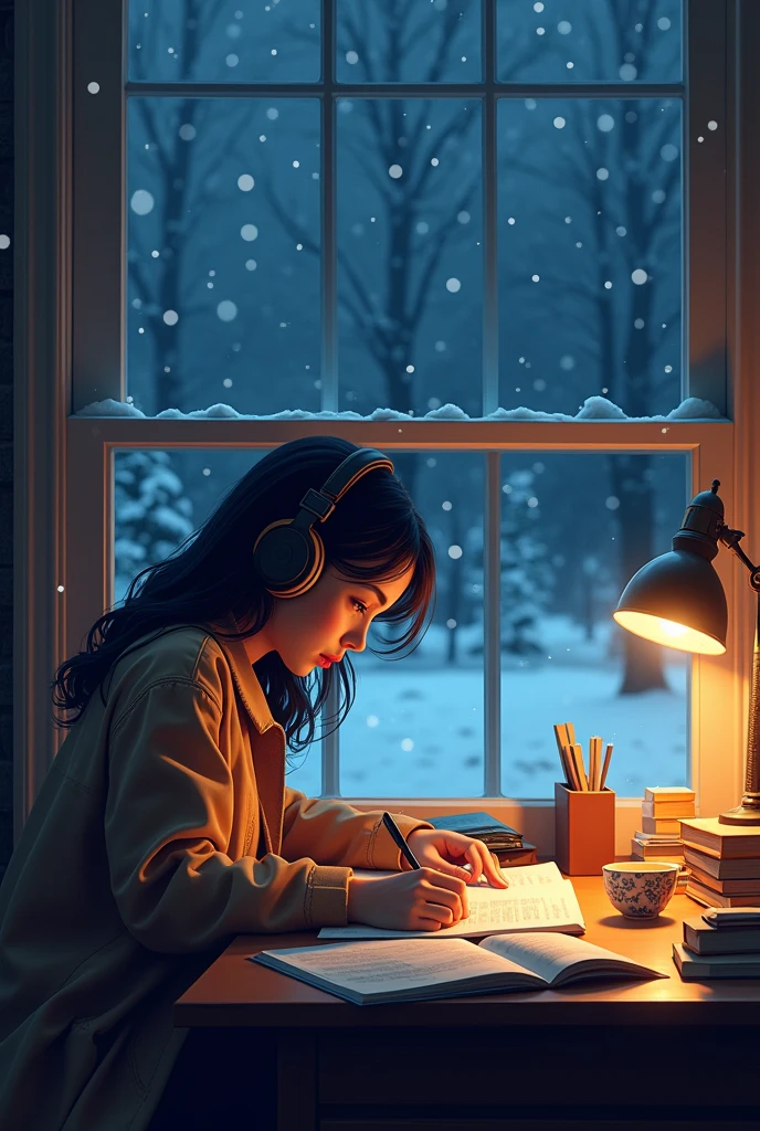 a lo-fi scene featuring a girl studying at her desk. She is wearing headphones and appears focused on her work. The room has a cozy atmosphere, with warm lighting casting a soft glow. Through a large window next to her, you can see snow gently falling outside, covering the landscape in a peaceful blanket. It is nighttime, with the dark sky providing a serene backdrop to the snow. The room is filled with subtle details like books, a cup of tea, and a softly glowing lamp, emphasizing the calm and peaceful vibe of the scene.