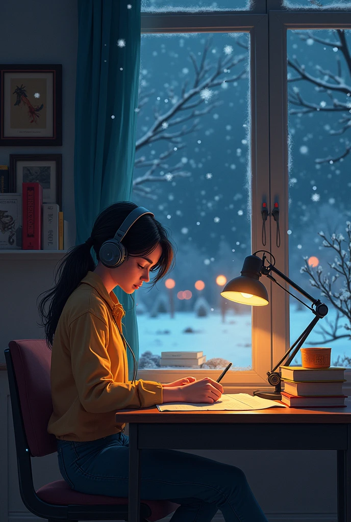 a lo-fi scene featuring a girl studying at her desk. She is wearing headphones and appears focused on her work. The room has a cozy atmosphere, with warm lighting casting a soft glow. Through a large window next to her, you can see snow gently falling outside, covering the landscape in a peaceful blanket. It is nighttime, with the dark sky providing a serene backdrop to the snow. The room is filled with subtle details like books, a cup of tea, and a softly glowing lamp, emphasizing the calm and peaceful vibe of the scene.