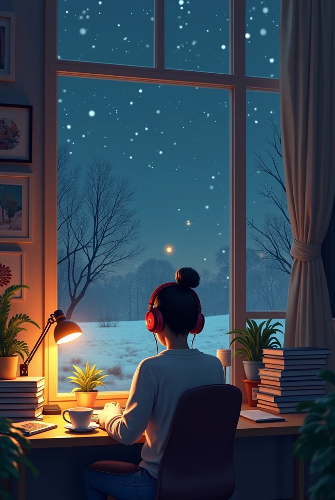 a lo-fi scene featuring a girl studying at her desk. She is wearing headphones and appears focused on her work. The room has a cozy atmosphere, with warm lighting casting a soft glow. Through a large window next to her, you can see snow gently falling outside, covering the landscape in a peaceful blanket. It is nighttime, with the dark sky providing a serene backdrop to the snow. The room is filled with subtle details like books, a cup of tea, and a softly glowing lamp, emphasizing the calm and peaceful vibe of the scene.