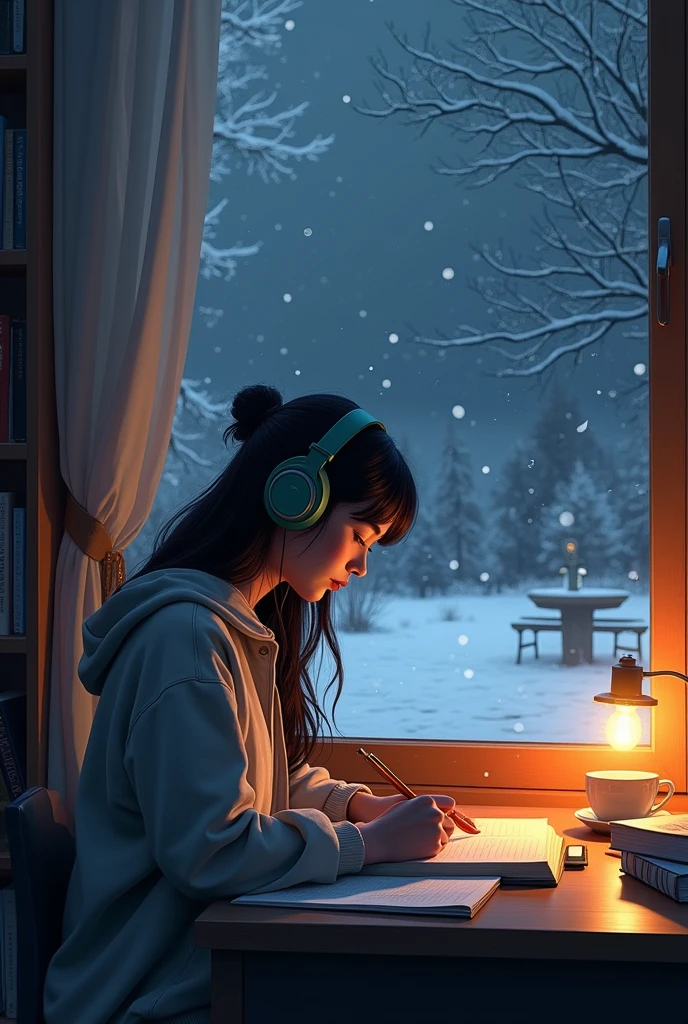 a lo-fi scene featuring a girl studying at her desk. She is wearing headphones and appears focused on her work. The room has a cozy atmosphere, with warm lighting casting a soft glow. Through a large window next to her, you can see snow gently falling outside, covering the landscape in a peaceful blanket. It is nighttime, with the dark sky providing a serene backdrop to the snow. The room is filled with subtle details like books, a cup of tea, and a softly glowing lamp, emphasizing the calm and peaceful vibe of the scene.
