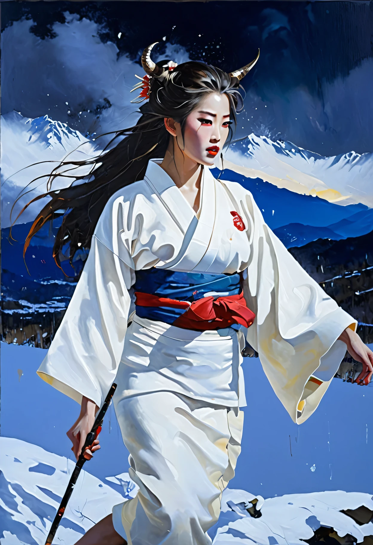 in snow mountains, The weather in the mountains is a blizzard、Painting of a female monster with long hair、Wearing a white kimono、A painting of a female demon with a beautiful face、A painting of a female demon directing your path、darkness、wind and snow、dark sky, Low light、snow、A beautiful female demon appears in the snowstorm and kills people who get lost.、Black mountain range background、Night mountain background、intricate and intense Oil paints, Abstract Painting, intricate Oil paintsing artwork, Vadim Kashin、Realistic, gives the viewer a detailed impact, a portrait painted with oil paint, , intricate and wet Oil paints, Oil paints, New art beyond dimensions, ryan hewett、bichu、oil paintin、A three-dimensional painting、super masterpiece、Ultra high definition、vivid colors、