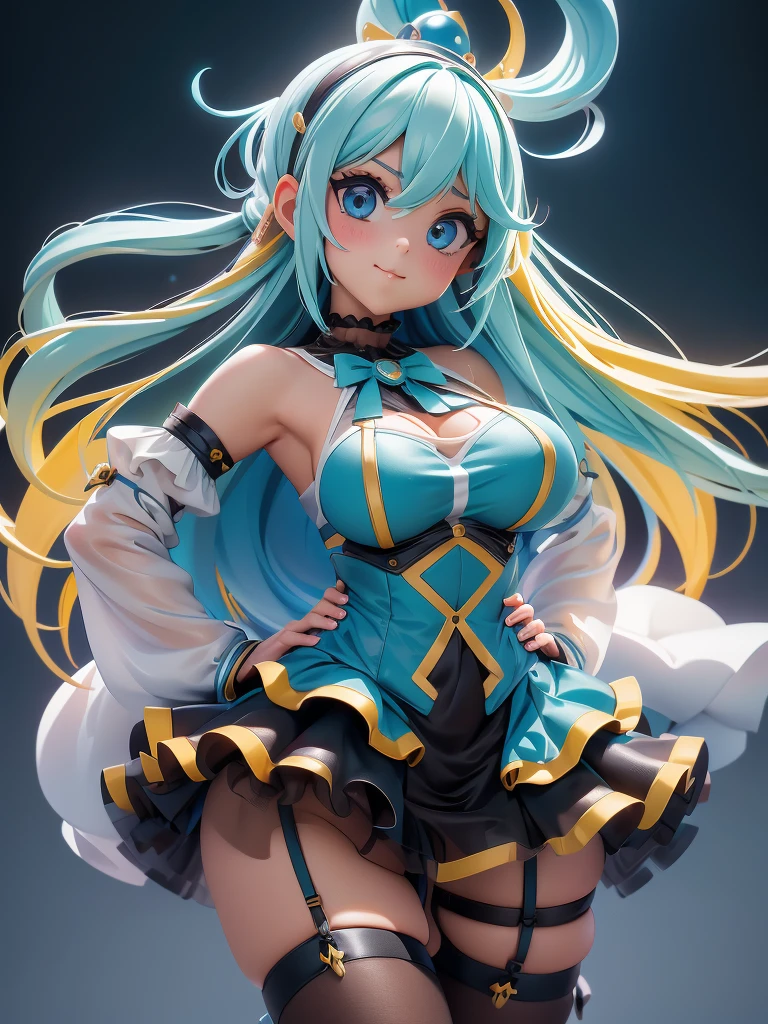 Aqua Konosuba, (чрезвычайно подробные обои CG Unit 8K),(piece of art), (better quality), (ultra detailed), (best illustration),(melhor Shadow), (sharp eyeliner, Shadow, detailed eyes:1.1),, 1girls arched their backs, Older, big ass, black stockings, blonde hair, fishing nets, garters, garter belts, high heels, platform shoes happy 