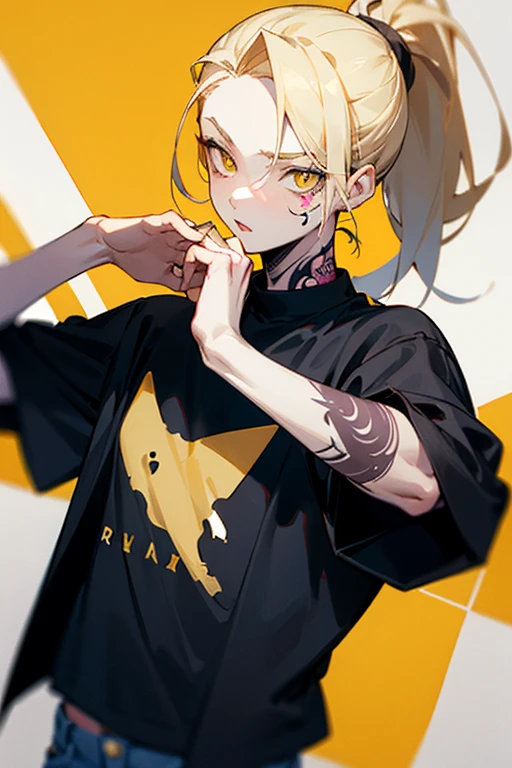 masterpiece, best quality, 1girl,artoria pendragon \(alter) \(fate\), (pale skin),  sitting, blonde hair, hair ribbon, yellow eyes,sabaltrnd,t- shirt,jacket, shorts,  restaurant, burger, french fries,