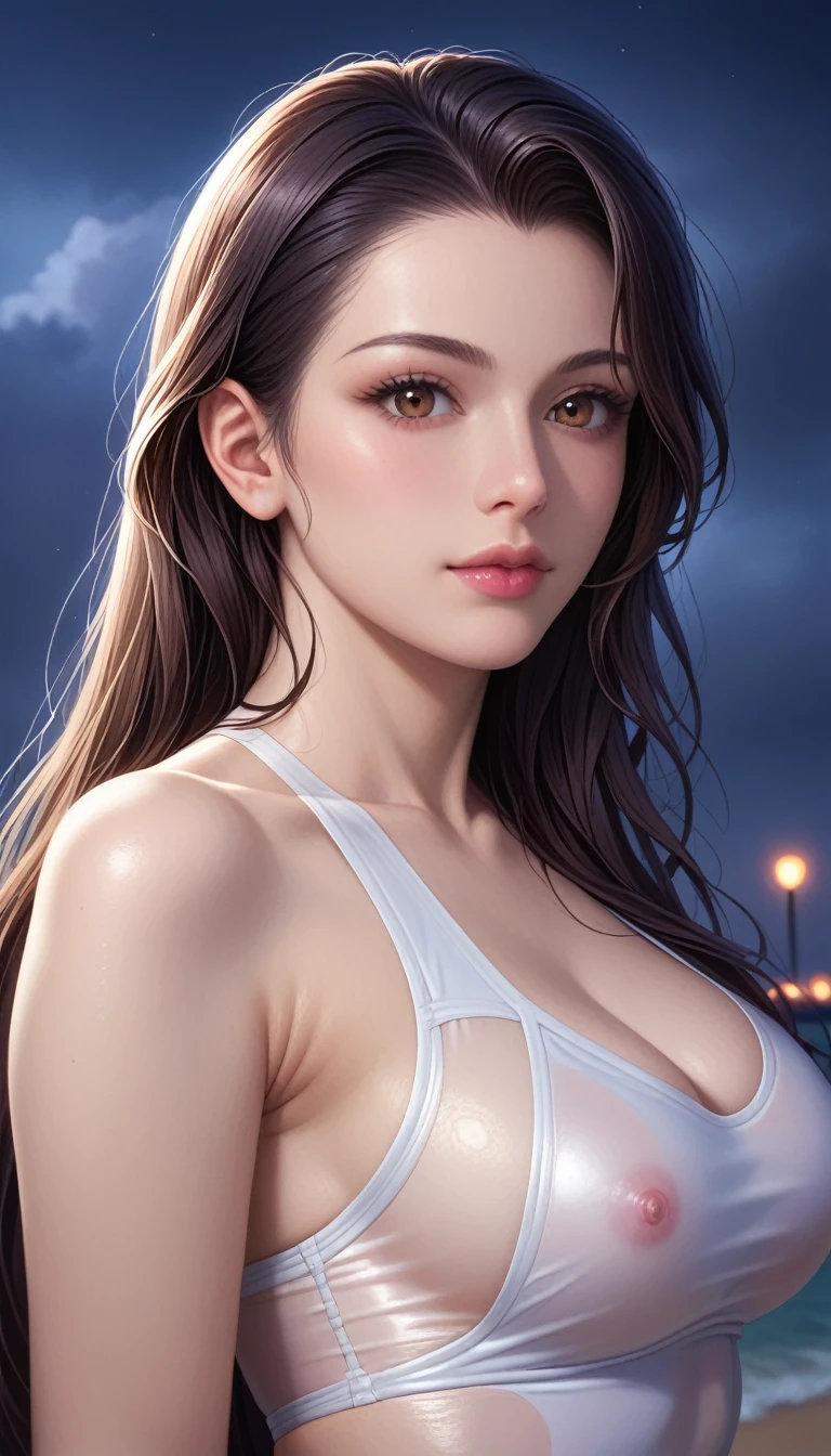 score_9, score_8_superior, score_7_superior, High-resolution CG illustration,A masterpiece in 32K resolution,Highest quality,it is really amazing,Very detailed,Ultra-high resolution,Ultra-realistic,Realistic,Increased depth of field,Cinematic lighting,
Sexy mature Japan woman,
Straight long hair with black hair,Ultra-detailed and beautiful face,Calm and gentle look,Beautiful brown eyes,Translucent white skin,Realistic skin texture,Great proportions,
Sexy high leg swimsuit,
Artistic design,Chic color scheme,Detailed fabric texture,
Dark overcast sky on a dull night,Dark clouds filling the sky,Thundercloud,Coastline at night,Stormy seas,delay々A desolate sandy beach that continues,
Beautiful bust up,Cinematic Angle,