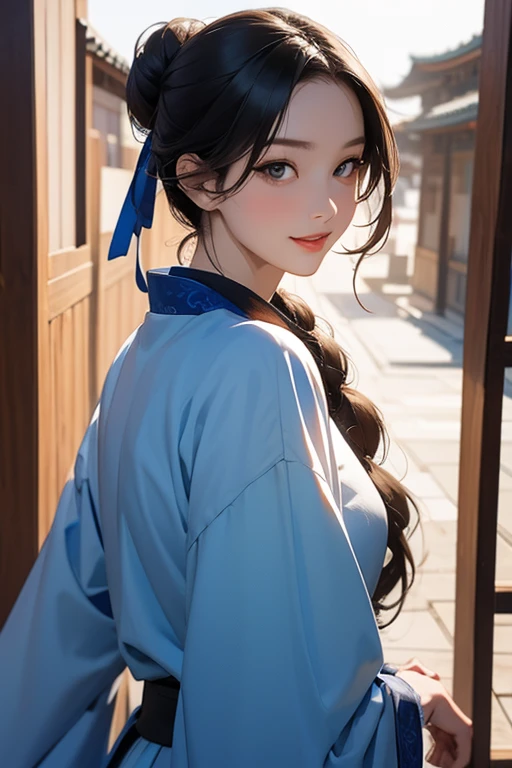 ( High resolution、 Super detailed)、masterpiece、Highest quality、High resolution、8k、Realistic Face、Realistic skin texture、 Amazing clarity、Detailed Anime、15-year-old female、Beautiful Face、Beautiful Face、Pretty lips、Balanced style、Hair styled in a bright-colored round bun、Smiling eyes、Hanfu、Mischievous girl、Walking、look back、Buildings from the Tang Dynasty、Old city streets of China、Cowboy Shot、Detailed Animeアート、Detailed CG、