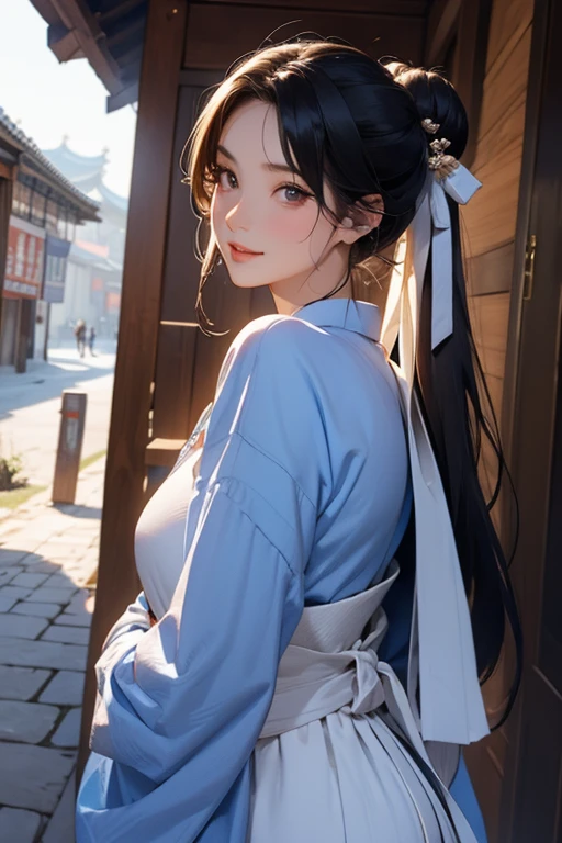 ( High resolution、 Super detailed)、masterpiece、Highest quality、High resolution、8k、Realistic Face、Realistic skin texture、 Amazing clarity、Detailed Anime、15-year-old female、Beautiful Face、Beautiful Face、Pretty lips、Balanced style、Hair styled in a bright-colored round bun、Smiling eyes、Hanfu、Mischievous girl、Walking、look back、Buildings from the Tang Dynasty、Old city streets of China、Cowboy Shot、Detailed Animeアート、Detailed CG、