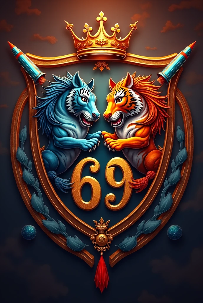 Create a shield logo with the number 69 in the center, featuring a horse and tiger in a yin yang style, and a crown and a rocket.