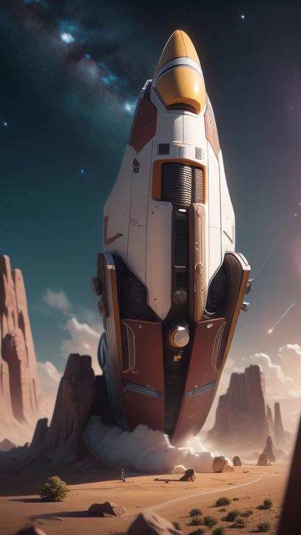 Fantasy,On a different planet,A giant cigar-shaped spaceship is stationary.,The spaceship is broken,Outside the spacecraft, A beautiful female astronaut is making repairs,Flat Chest,Young face,Young body,There are a lot of wrecked spaceships,Expansiveness,Great details,Cinema Lenses,Wide-angle composition,Hazy,starry skies,stairs of light