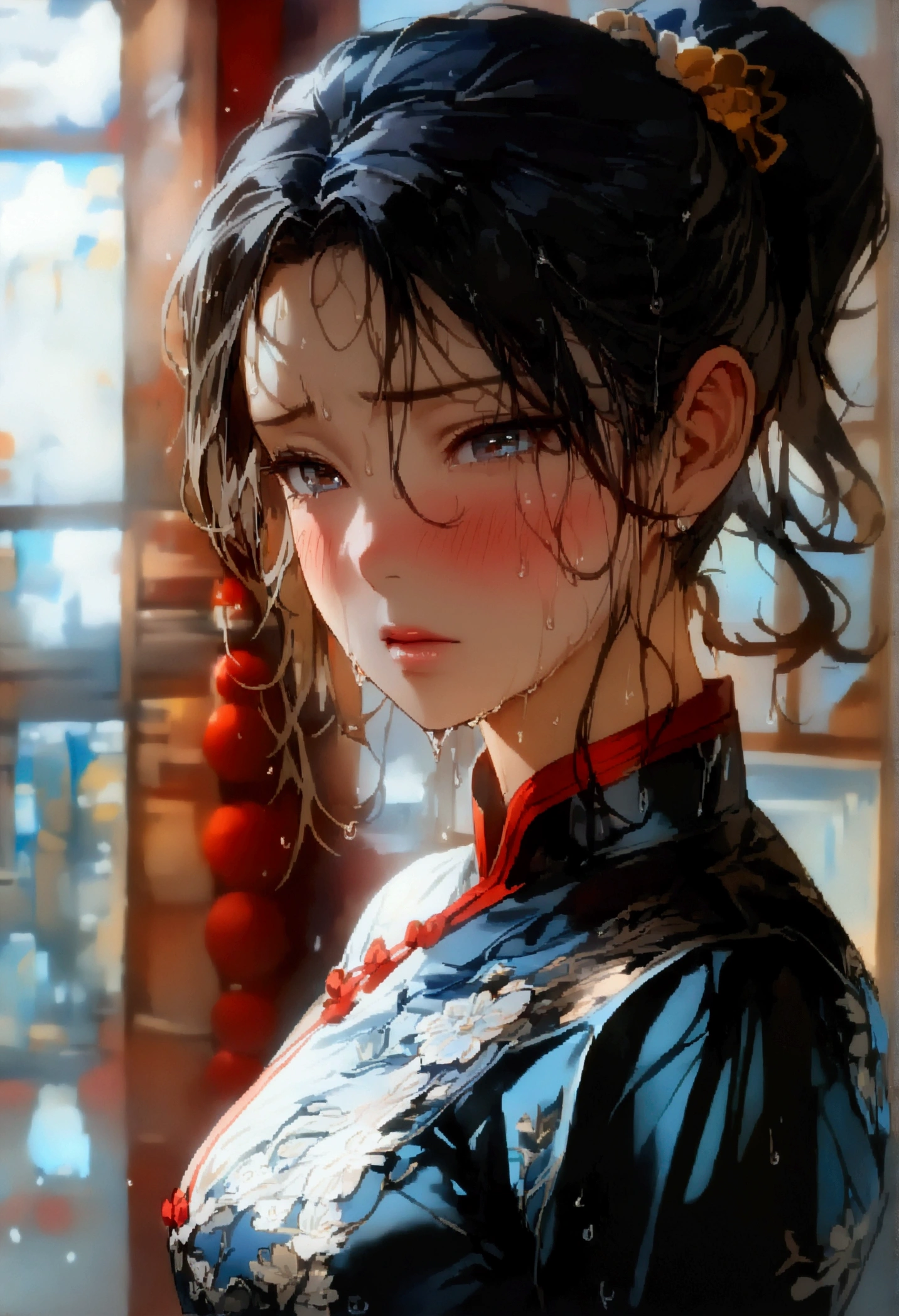 Double ponytail hair、Exquisite black cheongsam, Appears to be about 178, (beautiful girl: 1.3),best quality,8k,Highly detailed CG unit wallpaper,masterpiece:1.2,Top quality,Ultra-high resolution,RAW photos,Real texture skin,Cinema Lighting,Awkward,blush, steam,wet,Sweat,Wet eyes,Weak,megabuildings,City,This girl is a delivery girl delivering Chinese food to customers.,,烹饪产生的蒸steam,,,Large target, round, Beautifully shaped buttocks,,((Buttock posture)),