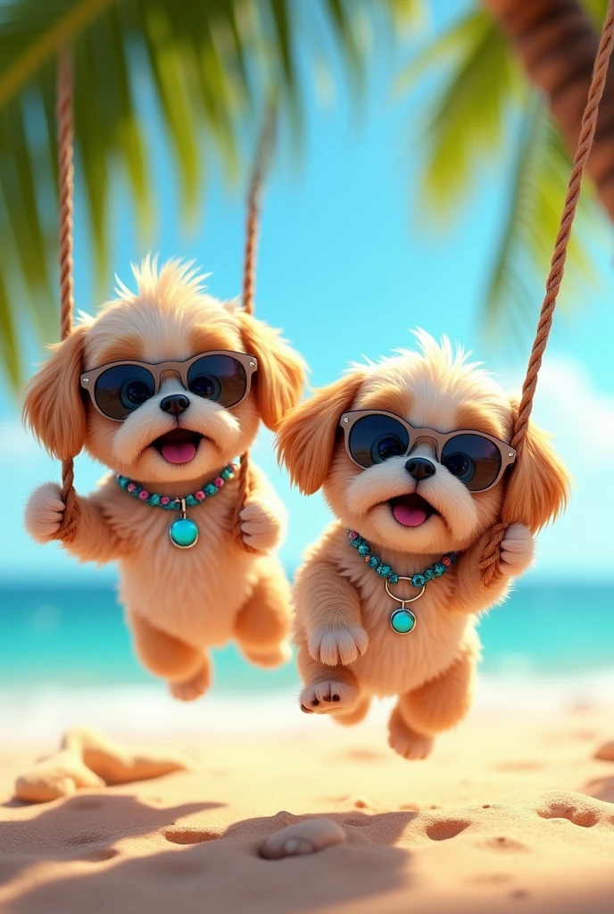 cute adorable 2 black shih tzu puppies with big blue eyes wearing sunglasses, swinging from palm tree, cute blonde girl with big blue eyes wearing sunglasses, extremely detailed, big blue eyes, wearing colorful collar and sunglasses, swinging from a plam tree, 3D Pixar style, at beach, photorealistic, (best quality,8k,highres,masterpiece:1.2),ultra-detailed,(realistic:1.37),HDR,vivid colors,studio lighting