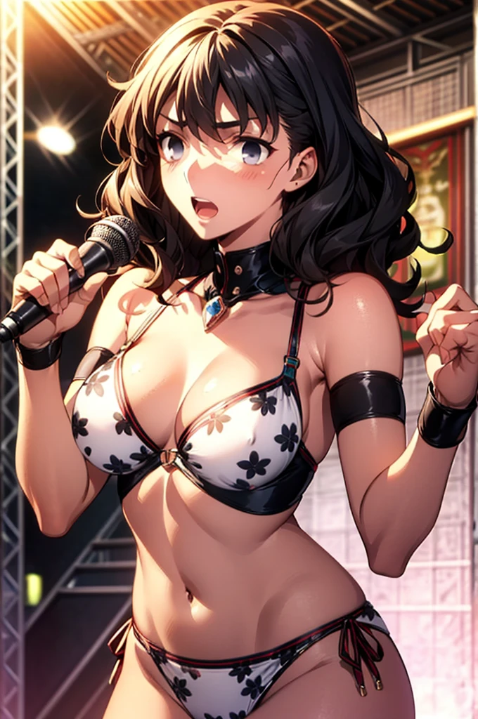 Masterpiece,Highest quality,8k,Ultra-high resolution,appropriate margins,Perfect hands,Perfect Fingers,Perfect human body,Perfect Eyes,((Cowboy Shot)),BREAK,Bright expression,(1 person),(The most beautiful woman),Slim body,((The most extraordinary breasts)),Cleavage,Moisturized Skin,Fair skin,BREAK,((Black Hair)),short hair,Wavy Hair,BREAK,Thin eyebrows,BREAK,Black eyes,BREAK,(Idol),(超microphoneロビキニ),BREAK,Make eye contact with your audience,Embarrassing,Erect nipples,((singing on stage)),microphone,Indoor stage