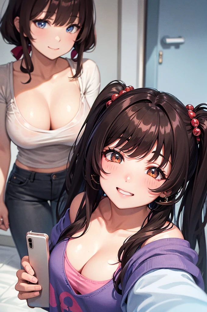 A beautiful girl taking a selfie with her phone, anime girl, inside the house, from behind, dark brown hair, gradient hair with red tips, long hair, twintails, wavy hair, long bangs, shiny hair, cat hair ornament, aqua eyes, glowing eyes, one eye closed, pupils sparkling, earrings, grin, blush, seductive smile, big rounds breasts, she takes a selfie with her phone, (selfie:1.5), shows her back, from below, nice and round buttocks, full body, dolphin shorts, pink camisole, high detail, anime, anime style, chiaroscuro, framed, pov, wide shot, panorama, atmospheric perspective, Wide-Angle, 85mm, Sony FE, 8k, super detail, UHD, retina, masterpiece, accurate, anatomically correct, textured skin, highres, best quality, 16k