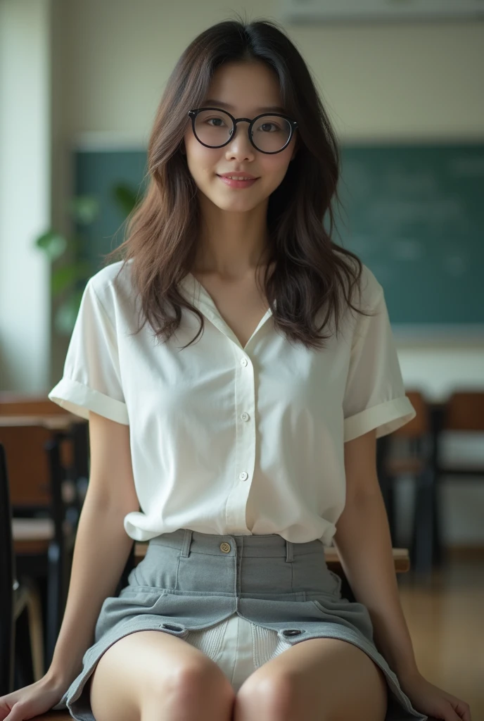 8K, masterpiece, ultra HD, intricate detailed, RAW photo, highly detailed, RAW photo, best quality, A beautiful Taiwanese girl, 22 years old, pale skin, real skin, slightly smile, open white shortsleeved shirt, arms up, small breast, ((grey mini skirt:1.3)), black round glasses, ((Sitting front view:1.5)), ((spreading legs:1.4)), (sitting on classroom's chair:1.5), front view:1.5, Blured background, depth of field, (lift skirt by myself, show my white panties:1.1), half body shots, closer photo taken, barefeet, Slim body, slender legs, slim muscular body, small breast, wavy hair, ash-brown hair color, ((front view, from below:1.5)),white panties,soft front lighting,1 girl ,solo,beauty,1girl