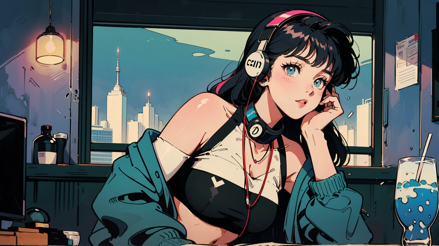 80s Summer night in Tokyo. A 18-year-old girl with long, vibrantly-colored hair stands inside, her curvaceous figure accentuated by a revealing crop top and short shorts. Oversized headphones hang around her neck. She is in her cute room. Outside, a futuristic cityscape glows. She embodies a tantalizing blend of retro charm and futuristic allure