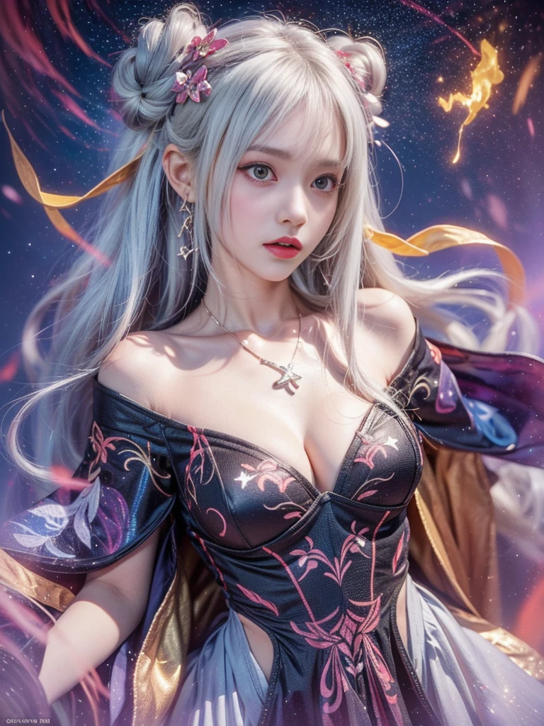 1girl,silver hair,off shoulder,red eyes,long hair,double bun,hair ornament,necklace, ((whole body)), Multi-colored hair，Striped hair，Cross Bangs，Messy hair，Colored contact lenses，Flower-shaped pupil，make up，shy，Blush，Parted lips，Heavy breathing，moan，torogao，Surrealism，Realism，Movie Lighting，Relief，Sony FE GM，Retina，masterpiece，precise，Anatomically correct，Textured Skin，Super Detail，High Detail，best quality，Beautiful dance dynamics, Long legs , Random scenes，Random shooting angles， ((Flowing long hair))Official Art , ((Bright pastel colors)), Unity8k Wallpaper , Extremely detailed , Visible cleavage, Pretty and beautiful , Sexy long legs, masterpiece , best quality ,Practical, Very detailed illustrations ,Extremely detailed , Intricate details , Extremely complex and detailed , Very detailed 8KCG wallpaper , Caustics .reflection , Ray Tracing , Devil Theme ,nebula ,Dark aura, Network Effects , (1 Girl)Solitary , (Blue plasma flame , Pastel tones in Rococo style ,light white and light red , Incredibly beautiful , Cherry blossoms ,painting , Ethereal , Mixing reality and fantasy elements, Complex patterns , Delicate lines, Starry Sky , rich and colorful , Star