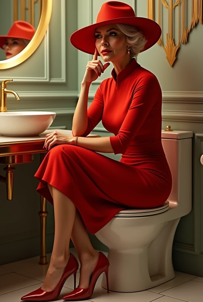 60 years old beautiful woman, fashion model, sophisticated hair style, sexy, deep cleveage revealing busty boobs, double chin, wrinkled face, skin imperfections, freckles, elegant top class lady, round face, dressed with a tigth elegant red high fashion futuristic art deco dress, red hat, sit on a toilet of an elegant exclusive art deco bathroom, thoughtful, hyper detailed realistic scene, dynamic natural pose, red stiletto shoes ((full body shot))