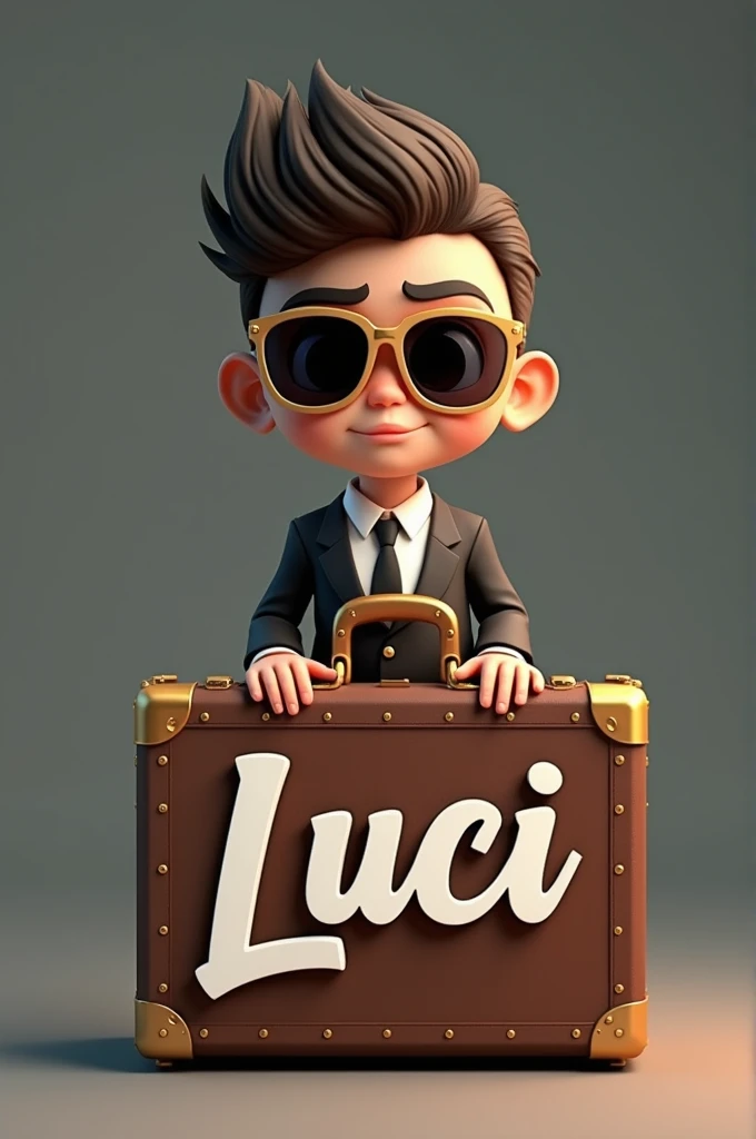 Create realistic 3rd image of young boy wearing mafia style and sunglasses gold and white combination on it.name on suitcase "Luci "3rd letter curve style on it be careful to the spelling of each letter on it.