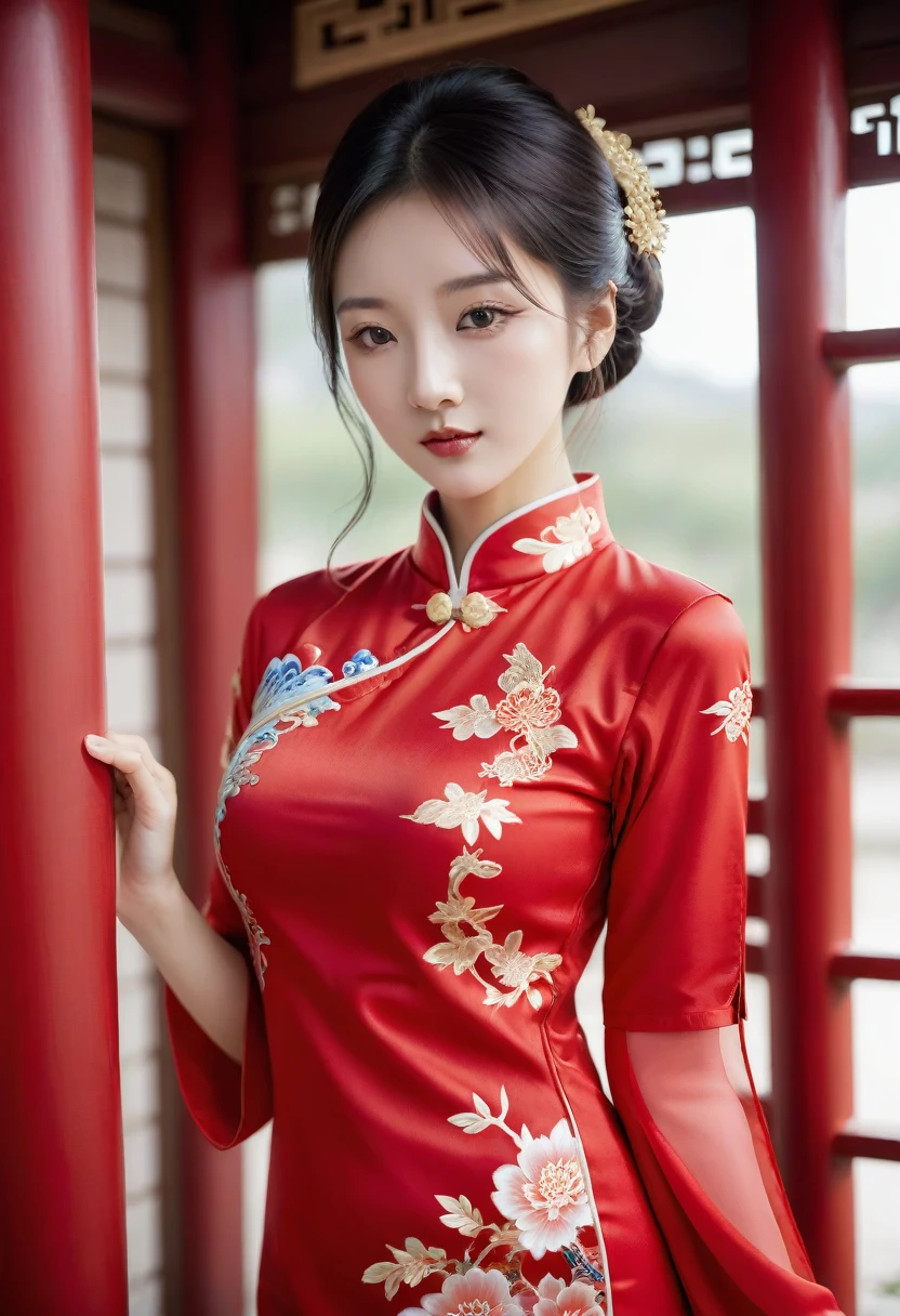 A woman in a red dress posing for a photo, wearing a red cheongsam, cheongsam, chinese dress, Chinese style, Chinese woman, Chinese woman, traditional Chinese, beautiful chinese model, traditional Chinese clothing, with ancient chinese clothes, lovely woman, chinese suit, captivating and tempting, traditional beauty, Ao Dai, beautiful south korean woman