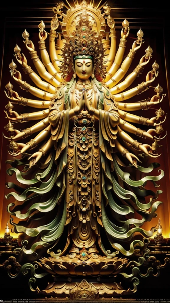  statue of guan yin made of jade and jewelry, crystal clear and shinning, beautyfull  face, multiple hands holding some treasure weapons , detailed hands,  floating red ruby lotus , full body, masterpieces, super detail, epic composition, ultra HD, high quality, extremely detailed, official art, unified 8k wallpaper, Super detail, Professional studio lightning, 