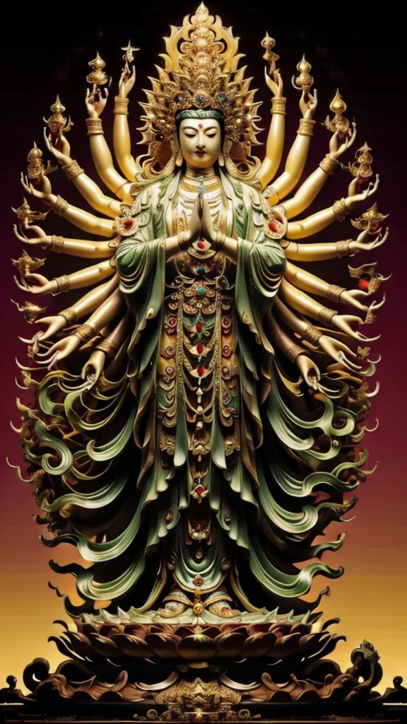  statue of guan yin made of jade and jewelry, crystal clear and shinning, beautyfull  face, multiple hands holding some treasure weapons , detailed hands,  floating red ruby lotus , full body, masterpieces, super detail, epic composition, ultra HD, high quality, extremely detailed, official art, unified 8k wallpaper, Super detail, Professional studio lightning, 