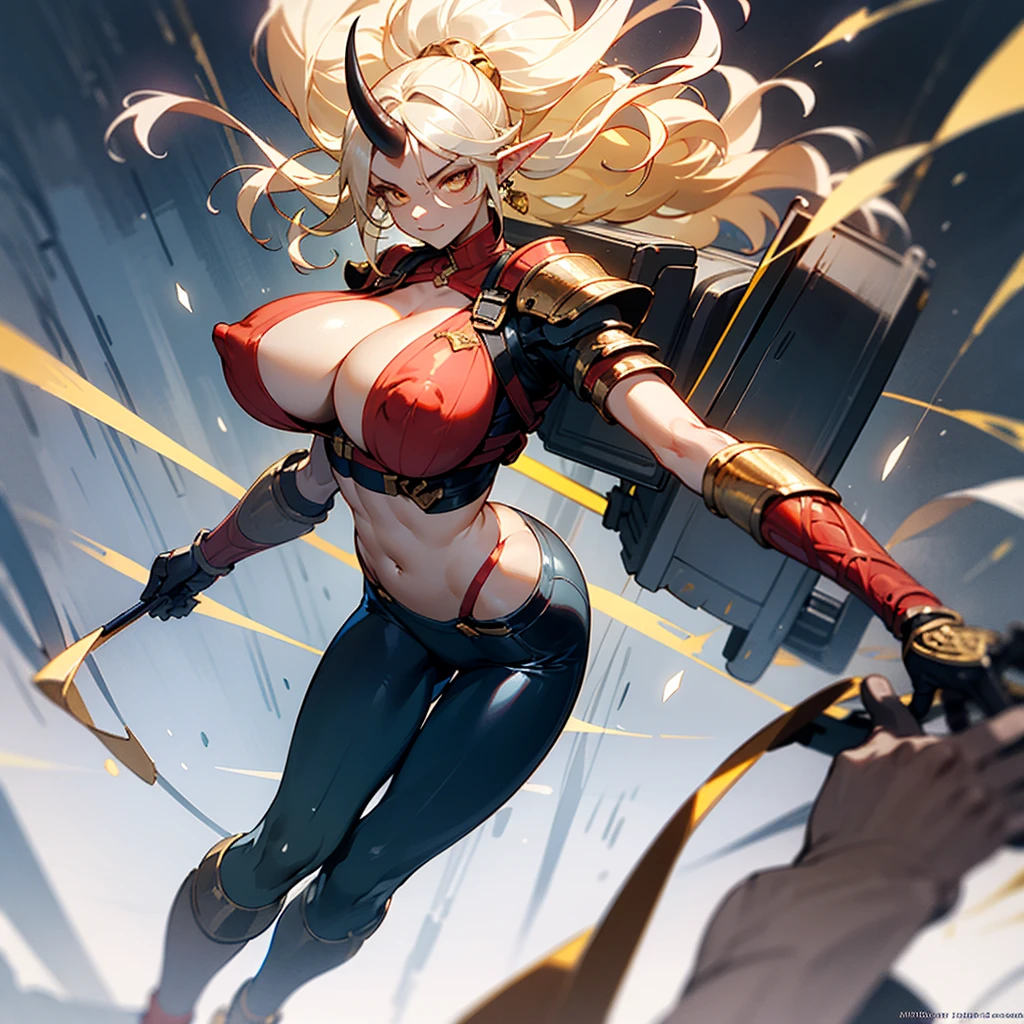 ((best quality)), (detailed), 1 women big pornstar heavy knight armor, 8k_wallpaper, extremely detailed eyes, (large masterpiece digital art), (intricate details:1.3 ), (ultra-detailed:1.3), (sharp focus:1.3), (natural lighting:1.05), (vivid colors:1.3), (best quality:1.4), expressive eyes, full body, detailed face, beautiful face, perfect face, ((hair sandy white curls)), ((gold horns)), (gold eyes), {{dark skin}}, ({dark skinned female}), (big breasts), huge chest, big wide ass, powerful relief muscles of the abdomen and legs, powerful strong muscles of the arms, belly piercing with blue emeralds, cruel predatory and cold-blooded arrogant look and smile, heavy steel armor in a red metallic hue, a translucent blue crop top very clear outlines of huge pointed nipples with large piercings under the fabric, steel combat pauldrons, steel bracers and leather gloves, leather pants with steel silver thigh shield plates under which I can see the clear outlines of a big vagina, a medieval marching backpack, a walk at dusk through a dense dark forest and ruins of an elven village with a backdrop of glowing in the dark with different shades of vines and flowers, fantasy adventure style,