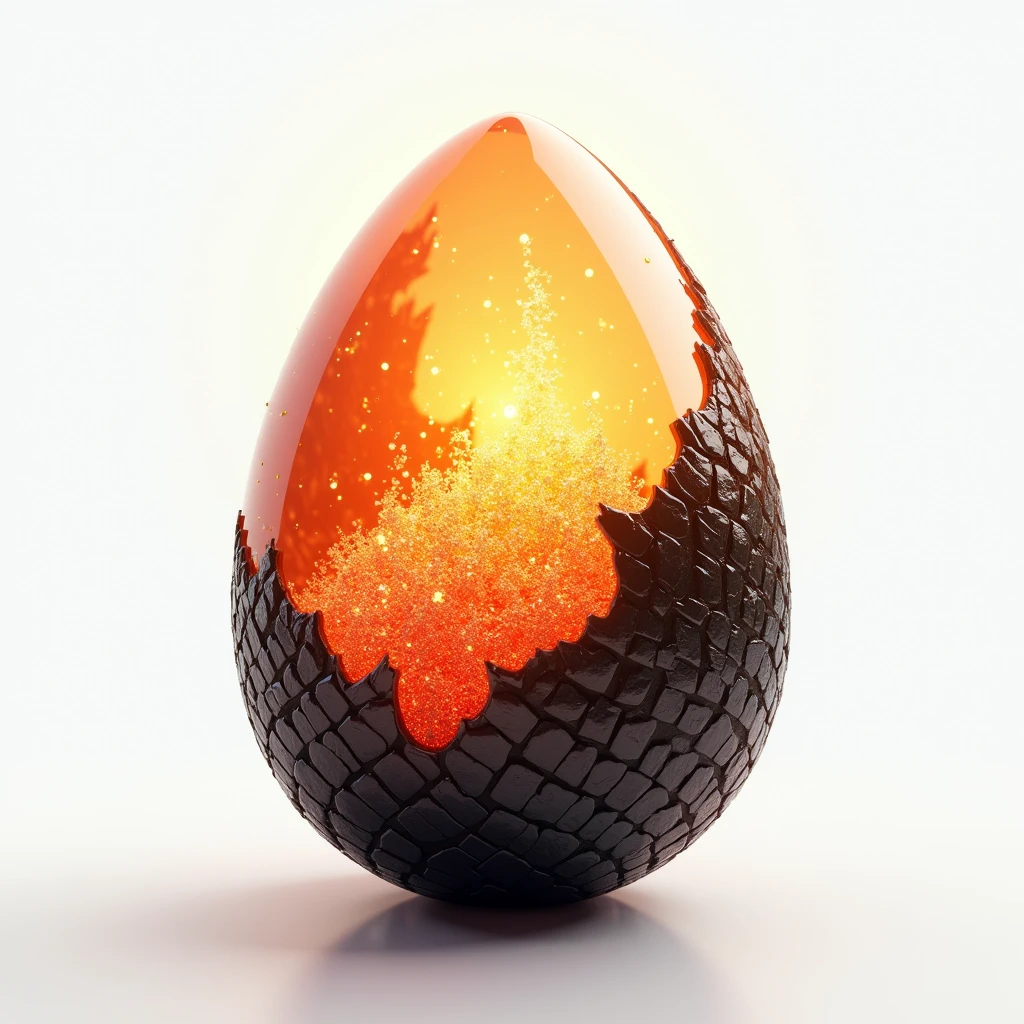 (masterpiece, top quality, best quality, official art,beautiful and aesthetic:1.2),
(4k,8k, best quality,masterpiece:1.2),(((white background))), solo,Game item, a dragon egg, with the upper half in a translucent and sparkling state, while the bottom is stacked with dark dragon scales. The entire egg emits an orange glow, creating a clear and high-quality texture, and a realistic and accurately structured modern representation with consistent lighting that looks natural and believable.