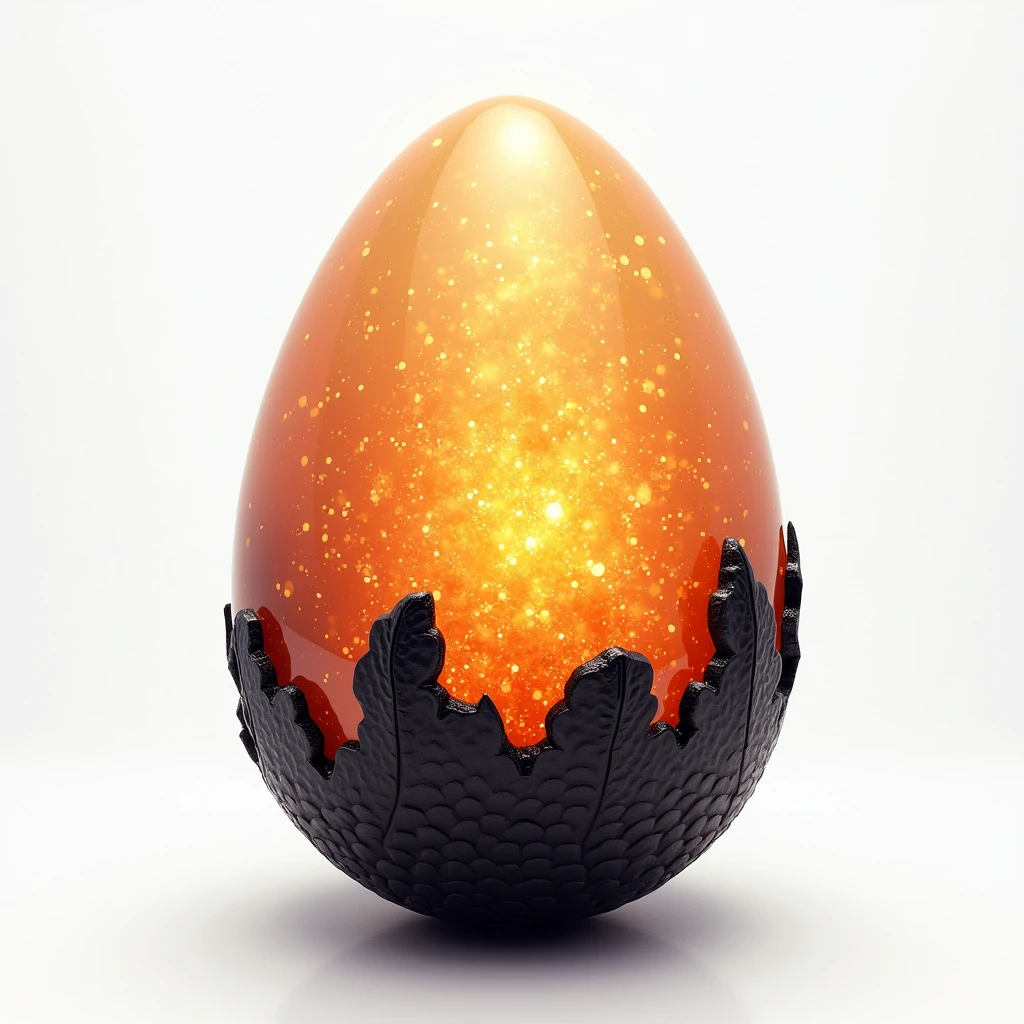 (masterpiece, top quality, best quality, official art,beautiful and aesthetic:1.2),
(4k,8k, best quality,masterpiece:1.2),(((white background))), solo,Game item, a dragon egg, with the upper half in a translucent and sparkling state, while the bottom is stacked with dark dragon scales. The entire egg emits an orange glow, creating a clear and high-quality texture, and a realistic and accurately structured modern representation with consistent lighting that looks natural and believable.