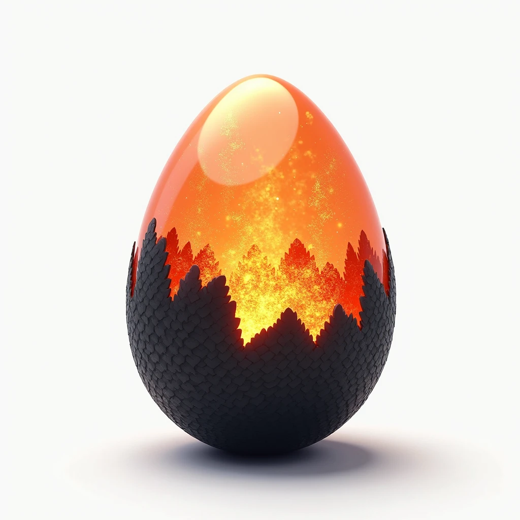 (masterpiece, top quality, best quality, official art,beautiful and aesthetic:1.2),
(4k,8k, best quality,masterpiece:1.2),(((white background))), solo,Game item, a dragon egg, with the upper half in a translucent and sparkling state, while the bottom is stacked with dark dragon scales. The entire egg emits an orange glow, creating a clear and high-quality texture, and a realistic and accurately structured modern representation with consistent lighting that looks natural and believable.