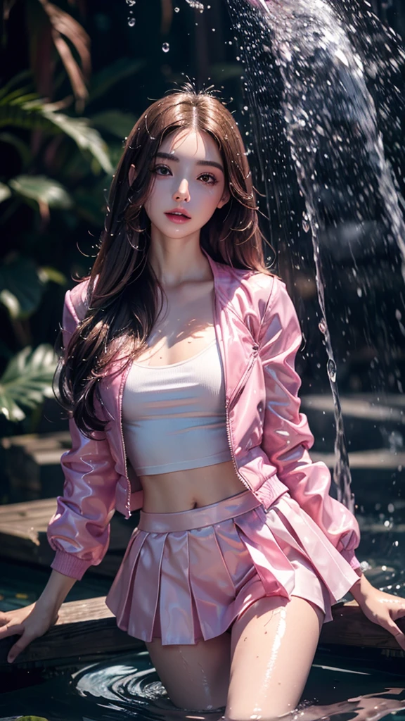 8k, masterpiece, 1 girl, beautiful face, ((very long hair)), glossy makeup, closed mouth, (glossy skin:1.5), detailed eyes, detailed lips, small bust, pink short jacket, lavender vest, ((pink mini skirt)), ((under pants)), ((bare thigh)), straps clothing, (water falling:1.5), steam effect, water vapor, adult pose,