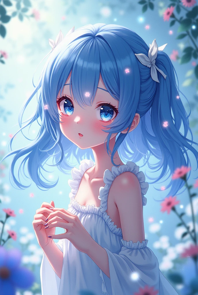 Anime girl , blue long hairs, playing around, blue and red eyes 