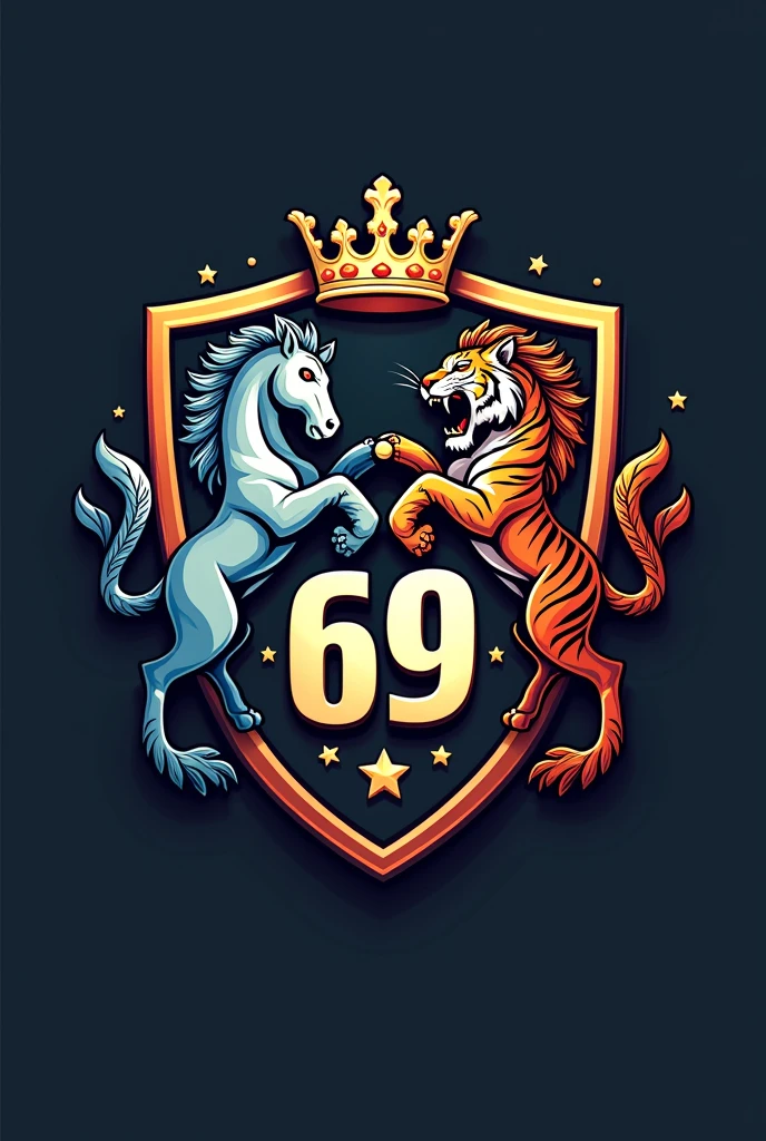 Create a logo of a shield with the number 69 in the center and a horse and tiger on the left and right in a yin-yang pattern and a crown and a rocket.