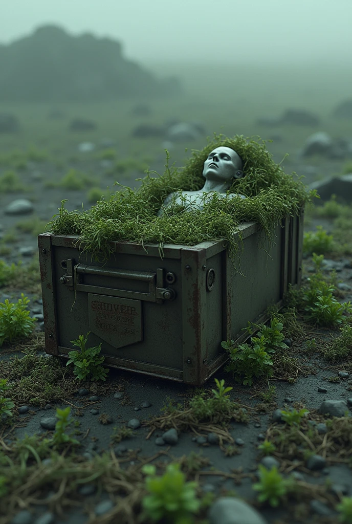 a box of weeds next to a dead body