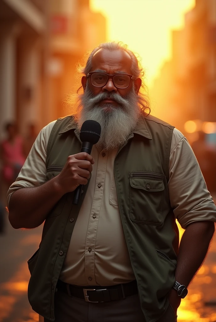 a india man reporter. With beard long beard. Wear big glasses. Very fat. Age 49, wearing a vest, muscular build, one hand raised up, holding a microphone, dramatic expression, photorealistic, ultra-detailed, 8k, best quality, masterpiece, cinematic lighting, golden hour, vibrant colors, intricate details