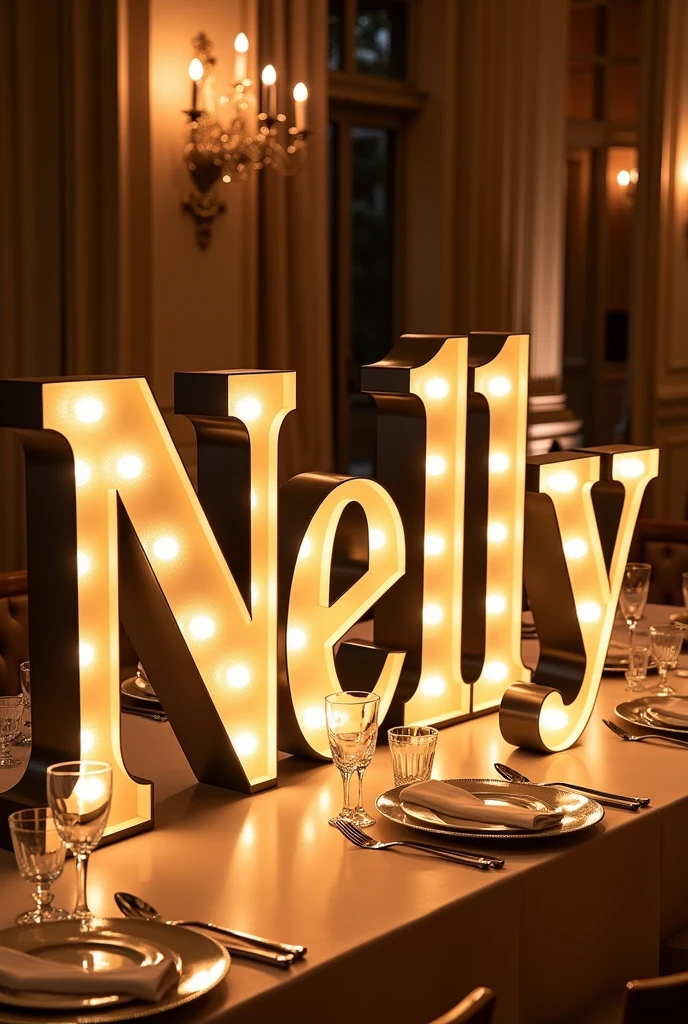 Event centerpiece with illuminated letters that say Nelly on top of a formal reception table in a daytime house.