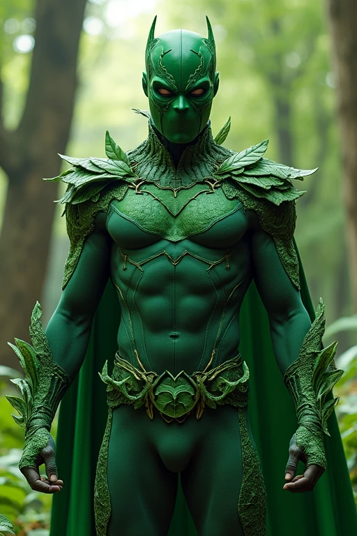 superhero, protector of nature, completely masked, green outfit themed with nature, Deadpool-style outfit, nature background