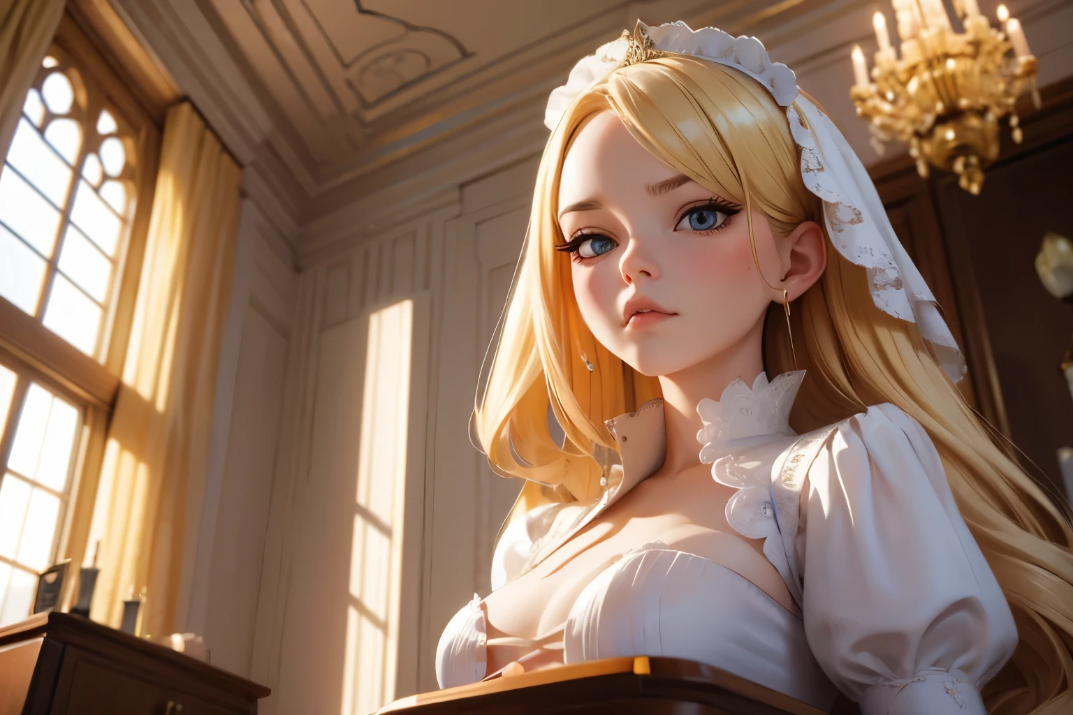 Arrogant young lady, blonde 　look of disgust　looking at the camera　 Inside the mansion　up　Low - Angle