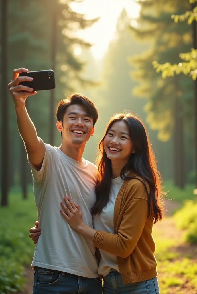 An Asian couple takes a selfie together in the park.，Happy expression，Behind is a pine forest，sunny