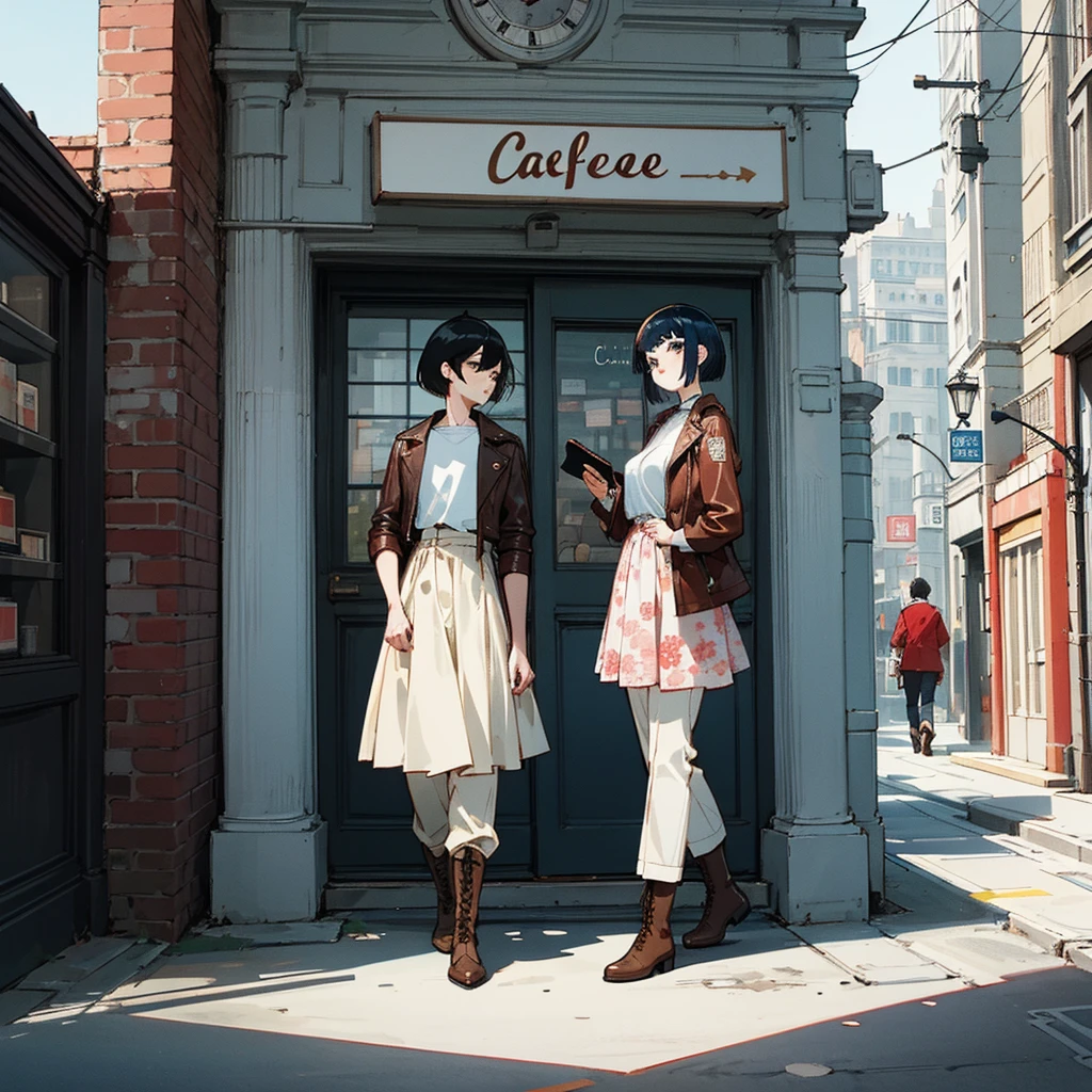 Anime-style illustration of a stylish couple outside a vintage café. Person with short black hair wearing a brown leather jacket and white t-shirt, paired with either pants or a skirt. Person with red bob cut hair in a red leather jacket, wearing either a white floral-patterned midi skirt or pants. One holding a tablet. Both in boots. Café exterior in muted blue tones with ornate clock design on the window. Warm lighting, urban setting, 1950s retro aesthetic with modern touches. Diverse fashion choices, gender-neutral styling. High-quality digital art, detailed, cinematic lighting.
