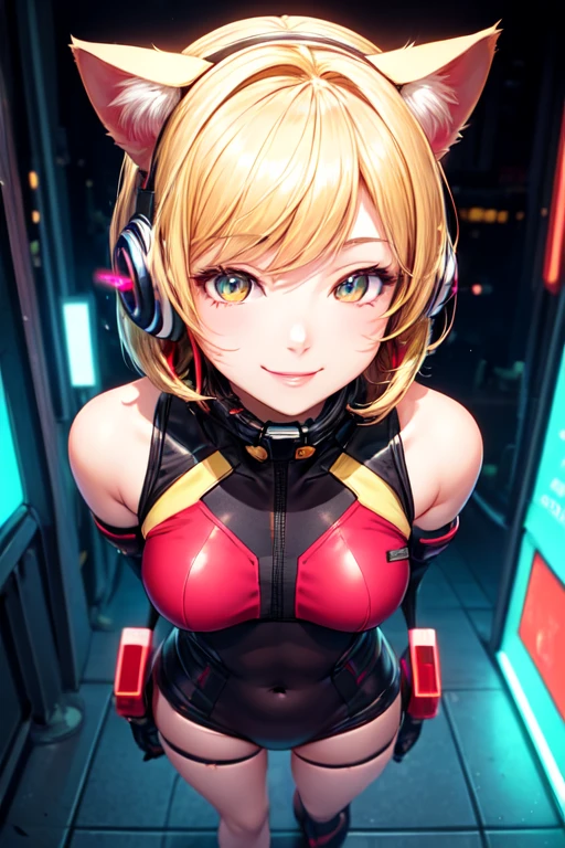 ((best quality)), ((masterpiece)), ((detailed)), 1girl, Beautiful anime woman, blond hair, bob haircut, intimate eyes bright yellow, dark clothes with red details, Black headphones with red details and cat ears, face down, smiling subtly, neon lights, futuristic city background: 1,5. Semi-full body view. artistic style.