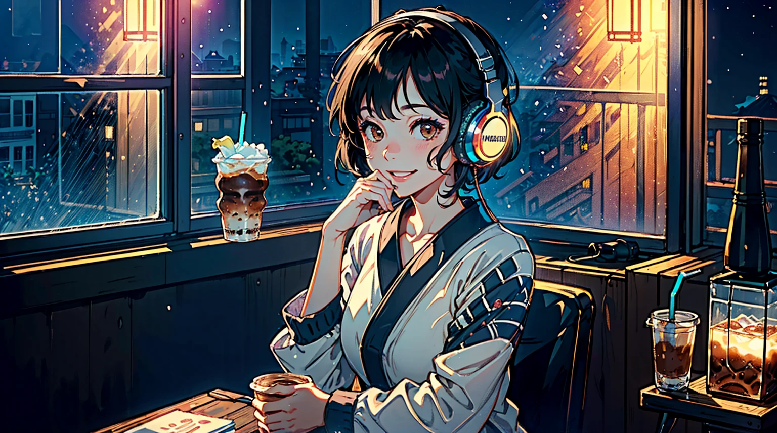 ((8k of extremely detailed CG unit, Masterpiece, high resolution, highest quality, highest quality real texture skin)), (((Cute room))), (((Japanese style headphones))), (((iced coffee))), (((Smiling and listening to music))), ((1 girl)), (Black hair, messy hair, beige skin), (Surreal, digital painting), (((Warm lighting))), (((Night sky from large windows)))