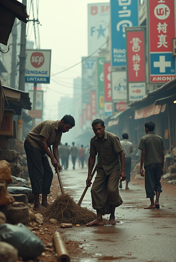Poor peoples on roads working with different places logo