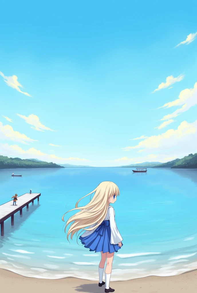 ocean, horizon, water, 1girl, cloud, day, sky, long_hair, skirt, blue_sky, outdoors, seagull, lake, shirt, boat, beach, white_shirt, blue_eyes, bird, solo, pleated_skirt, watercraft, bow, waves, blue_bow, blue_skirt, blonde_hair, cloudy_sky, pier, looking_at_viewer, wading, shore, floating_hair, ribbon, smile, long_sleeves, standing, pool, blue_ribbon