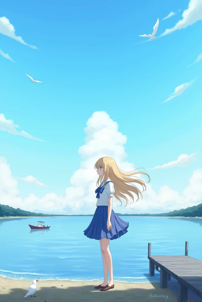 ocean, horizon, water, 1girl, cloud, day, sky, long_hair, skirt, blue_sky, outdoors, seagull, lake, shirt, boat, beach, white_shirt, blue_eyes, bird, solo, pleated_skirt, watercraft, bow, waves, blue_bow, blue_skirt, blonde_hair, cloudy_sky, pier, looking_at_viewer, wading, shore, floating_hair, ribbon, smile, long_sleeves, standing, pool, blue_ribbon