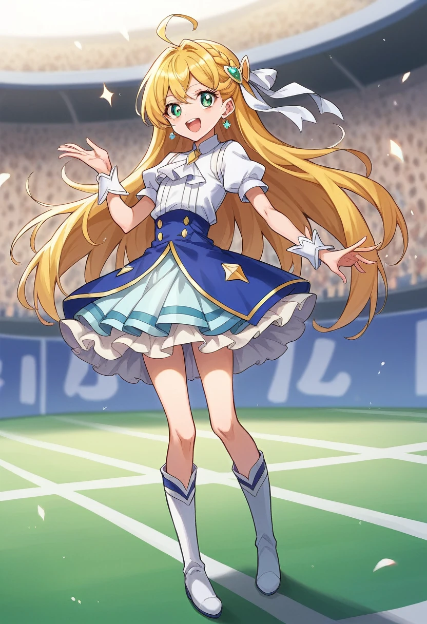 masterpiece, Highest quality, Looking_in_Audience, depth_of_Field, smile, full_body, Open_mouth, 
1人of, Cure Prism, ピンクof髪, Long Hair, Side braid, White Ascot, White boots, Elbow hand pockets, Hair Ribbon, Earrings, Layered skirt, Hart Ahoge, 
Slope_background,